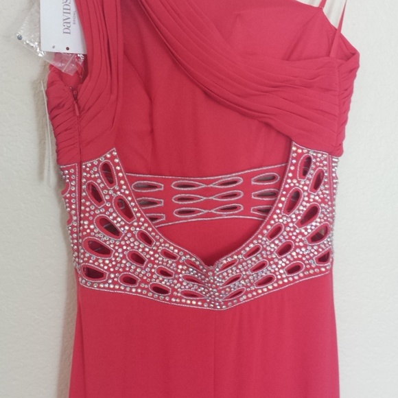 NWT David's Bridal One Shoulder Cut Out Silver Rhinestone Waist Coral Dress 0 - Picture 8 of 9